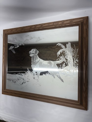Vintage Etched Mirror Labrador Hunting Ducks Wood Frame 23” X 19” - Picture 8 of 10