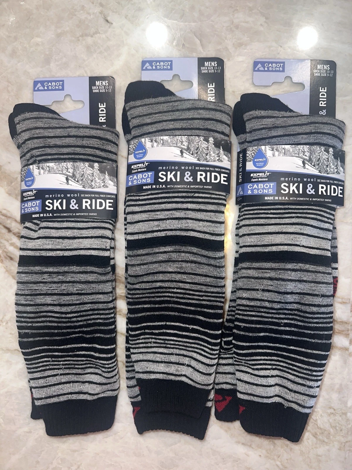 Cabot & Sons Merino Wool Ski & Ride Socks Mens Sock 10-13 Shoe 9-12 NEW SET OF 3