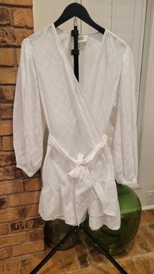 Cleobella White Jacquard Floral V-Neck Puff Sleeve Tie Wrap Mini Dress M