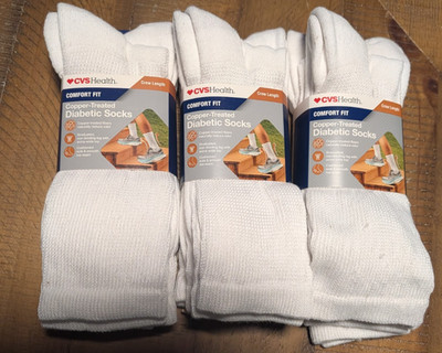 ''Nine'' Pair White CVS Health Copper-Treated Diabetic Crew Socks Unisex L/XL NWT