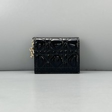Christian Dior Black Patent Cannage Quilted Compact Wallet Gold HW