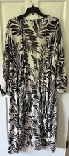 ANGIE Kimono Cardigan Duster Long Sleeve Tropical Leaf Print Black White M