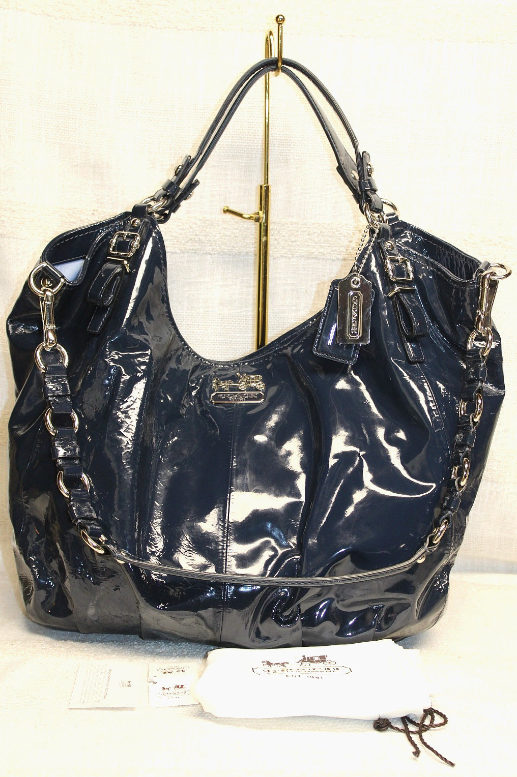 Coach # 15991 Madison Maggie Blue Patent Leather Pleated Hobo Shoulder Bag thumbnail 3