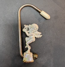 Vintage Cherub Little White Ceramic Angel Playing Harp with Solid Brass Hook