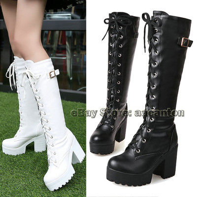 Y2K Gothic Punk Chunky Heels Lace Up PU Leather knee High Boots Shoes US 5-12
