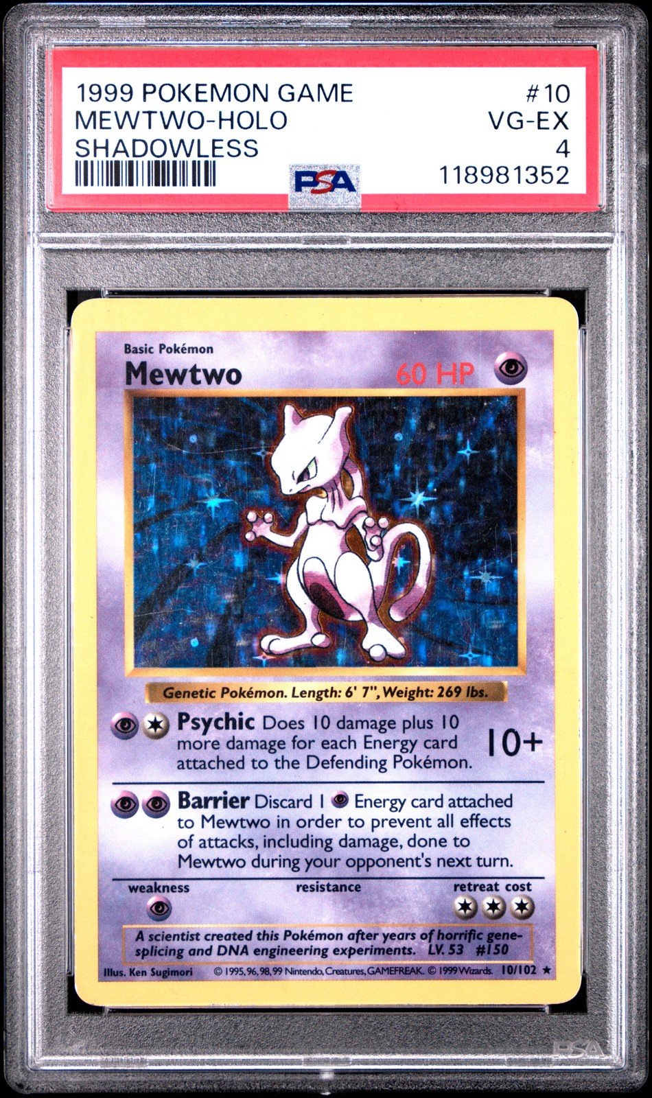 1999 POKEMON GAME SHADOWLESS #10 MEWTWO-HOLO PSA 4