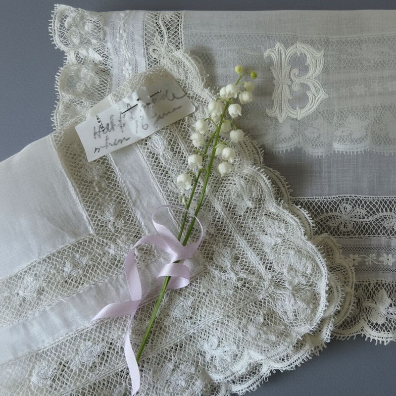 2 Antique 19thC Handkerchiefs French Valenciennes LACE Hand Embroidery Initial B