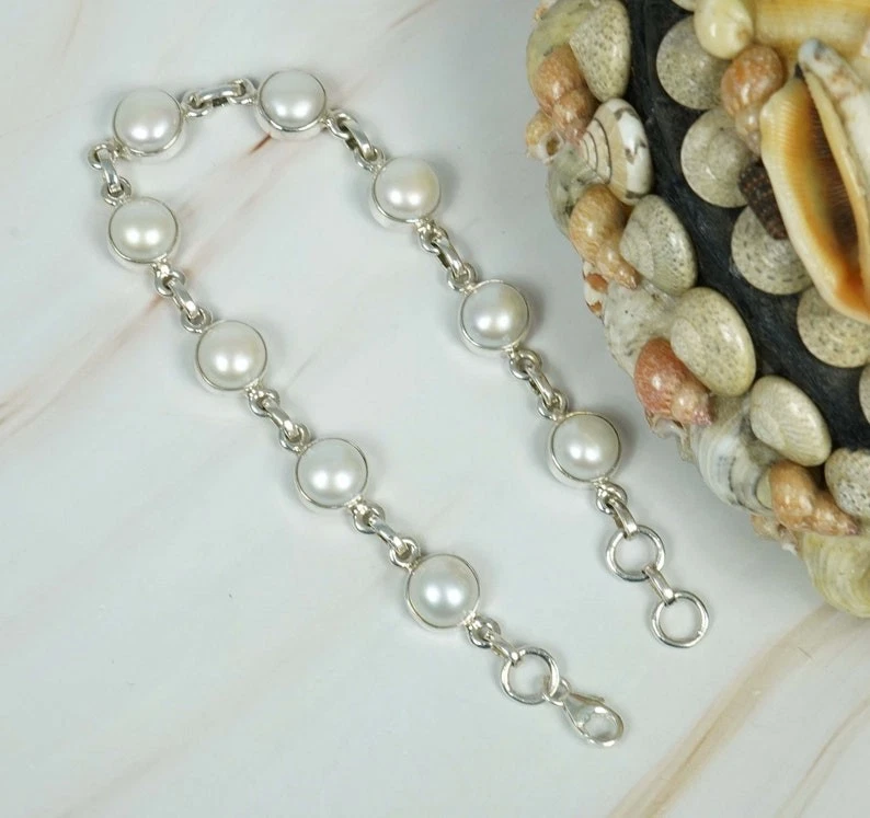 Mother Of Pearl Gemstone Handmade 925 Sterling Silver Jewelry Bracelet Size-7-8" - Image 3 of 4