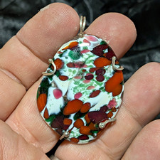 Handcrafted Oval Multicolor Glass Charm Pendant Prong Set Cord Chain Art