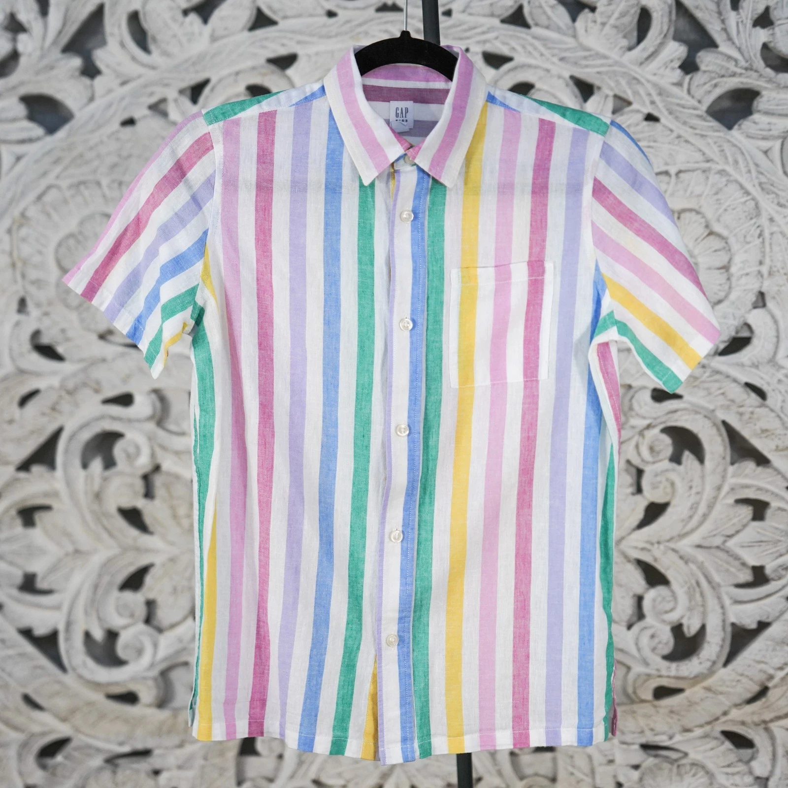 GAP Kids Multicolor 55% Linen 45% Cotton L (10) Stripe Button-Up Shirt