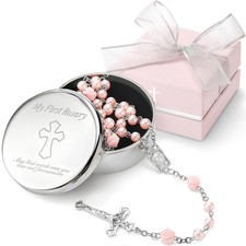 Baptism Gifts for Girl - My First Rosary with Silver-Plated Keepsake Pink