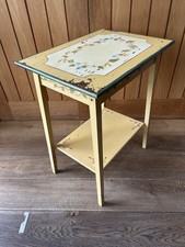 vintage two-tier side table, hand-painted floral motifs distressed "shabby chic"