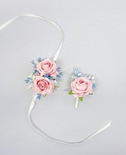 Pink Rose Wrist Corsage Boutonniere Set Wedding Flower Prom Suit Decoration