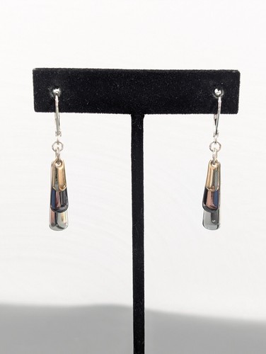 Two Tone Bar Layered Dangle Leverback Charm Earrings Modernist Boho Silver Tone - Picture 2 of 8