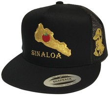 EL MAPA DE SINALOA Y EL CHAPO GUZMAN GOLD MEXICO HAT 3 LOGOS BLACK MESH