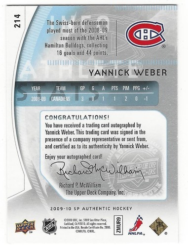 Yannick Weber Montreal Canadians 2009-10 Future Watch Rookie Autograph /999 - Picture 2 of 2