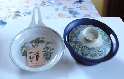 2 MCM Modern Figgjo Flint Norway Market Skiller & Blue Flameware Casserole & Lid