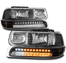 For 99-02 Chevy Silverado/00-06 Suburban Tahoe Headlights+LED Bumper Lamp Black