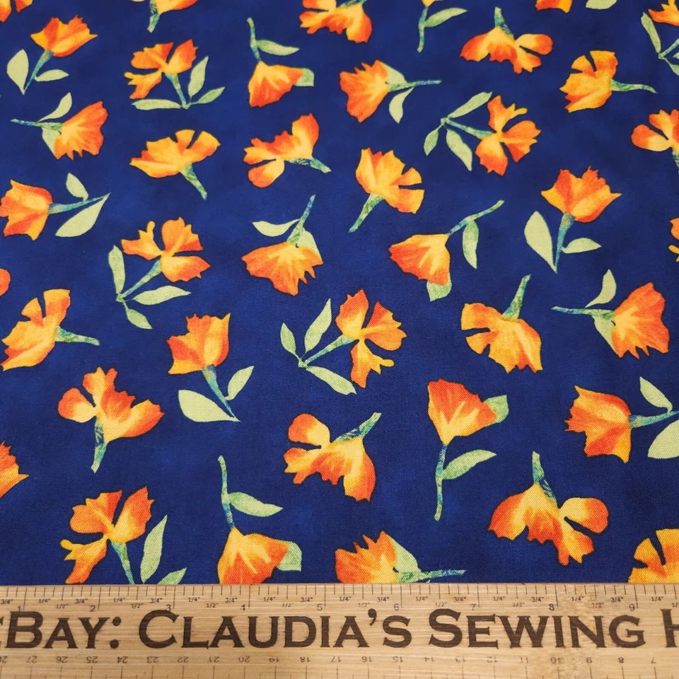 30" Cherish Julia Cairns Quilting Treasures Orange Floral on Navy Blue - Image 2 of 3