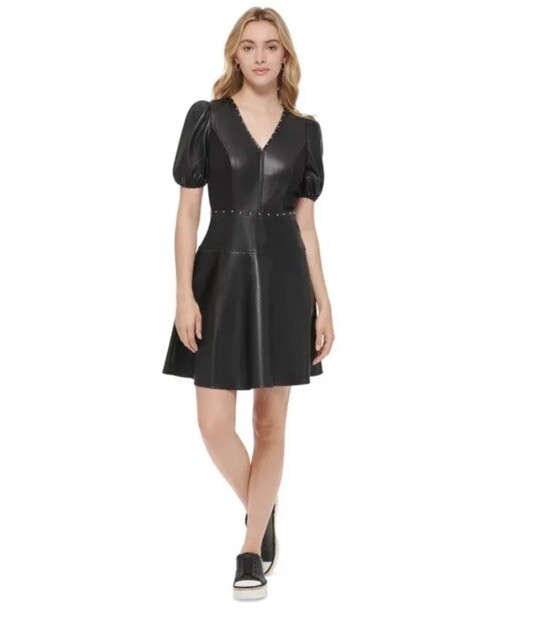 Karl Lagerfeld Paris Womens Black Faux Leather Fit & Flare Dress Size 2 |  eBay