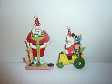 2 Vintage Emgee Christmas Ornaments 1980s Wood Santa on Scale + Golf Cart
