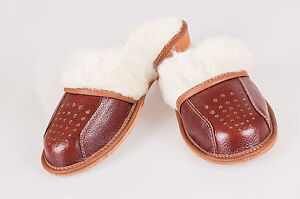 Women Ladies Slippers Sheepskin Wool Brown Real Leather Size 3 4 5 6 7 8
