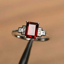 3Ct Emerald Red Garnet Solitaire Women's Engagement Ring 14K White Gold Finish