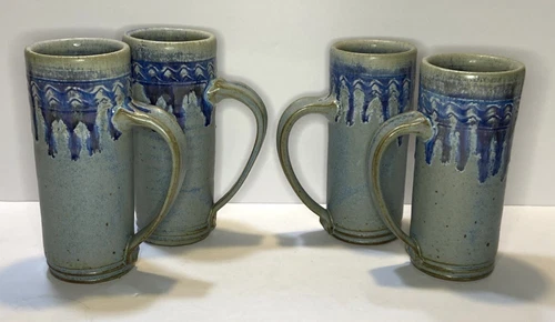 Blue Glaze Tall Mug With Handle Handmade Studio Art Pottery Signed 10oz Set Of 4