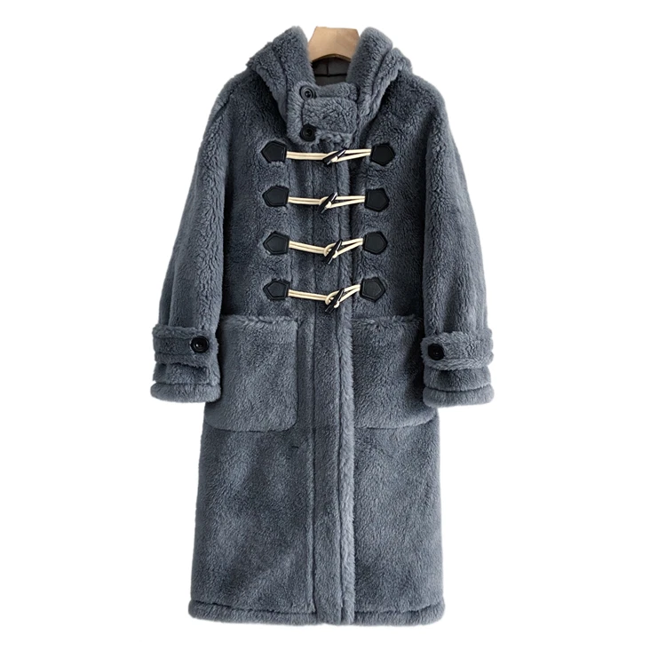 Luxury Womens Horn Buckle Pure Wool Sheep Sheared Fleece Long Coat