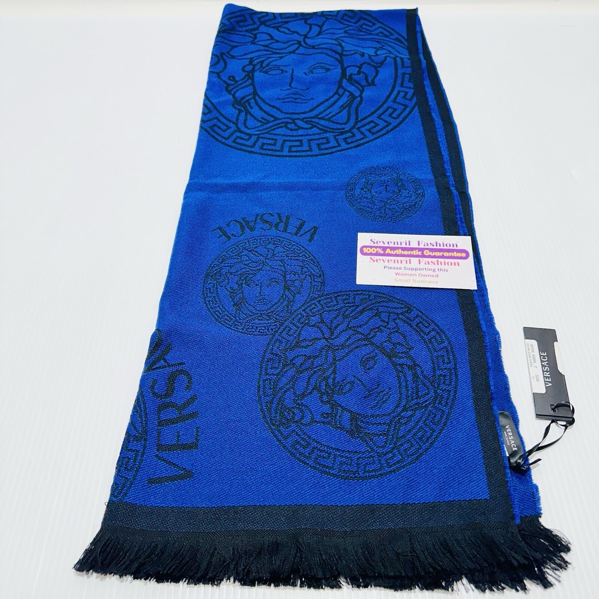 Versace Medusa Reversible Wool Black Blue Knit Scarf Shawl Size 70