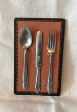 Vtg 3 pc set CHILD'S METAL TOY BEADED FLATWARE KNIFE, FORK, SPOON GERMANY 6