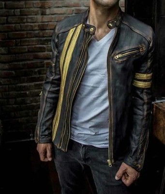 Herren Used Schwarz Biker Motorrad Vintage Echtleder Slim Fit Jacke