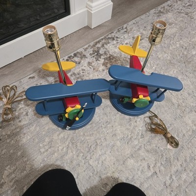 RARE Vintage? Bi-Airplane Lamp Wooden Spin Propeller Childrens Bedroom Decor set