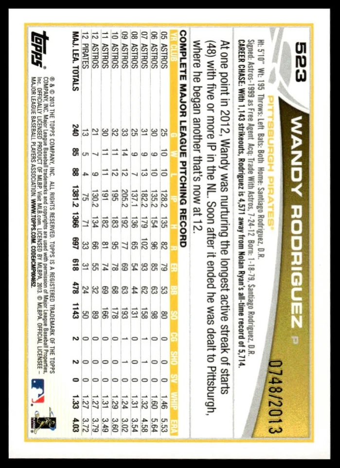 2013 Topps #523 Wandy Rodriguez Gold #/2013 - Imagem 2 de 2