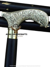 AMAL Antique Walking Stick Handle Wooden Cane Brass Engraved Head Old Age Gift