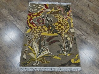 Turkish Oushak(Hunting) Deer Multicolored Handmade Bohemian Rug 2.1x3.1 Ft