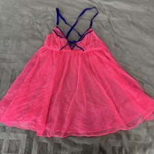 VTG Victoria's Secret Y2K Babydoll Gown Medium Neon Pink Sheer Mesh Lace Nightie