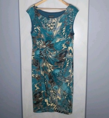 Connected Apparel Faux Wrap Dress 16 Teal Abstract Sheath Stretch Midi