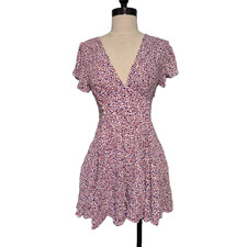 Free People Dress Womens XS Burgundy Beach Pink Floral Flowy V Neck Pockets