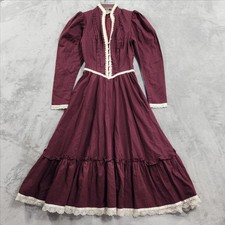 VTG Gunne Sax Dress Womens XS Burgundy Long Sleeve Midi Victorian Prairie Boho