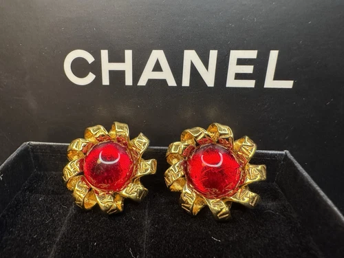 Chanel Vintage Gold and Red Gripoix Earrings