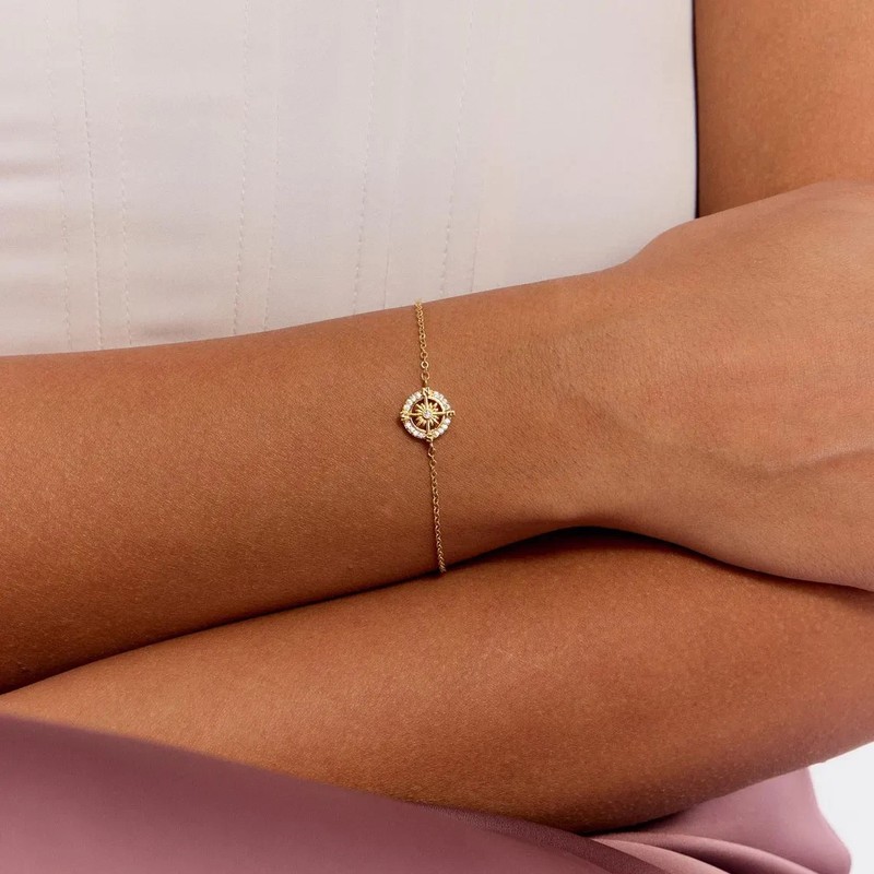 Round Cut Real Moissanite Compass Bracelet For Gift 14k Yellow Gold Plated - Product main view