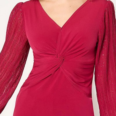 Susan Graver Occasions 2X Raspberry Liquid Knit Twist-Front Top w/Pleat Sleeves