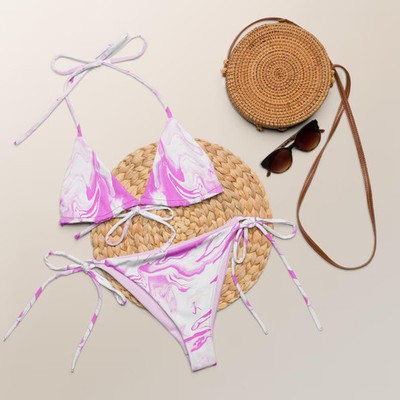 String Bikini Pink Swirl Pattern Swimsuit Beach Wear