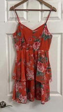 Lily Rose Floral Midi Dress Size M Coral Strap Smoked Lined Tiered Cottagecore