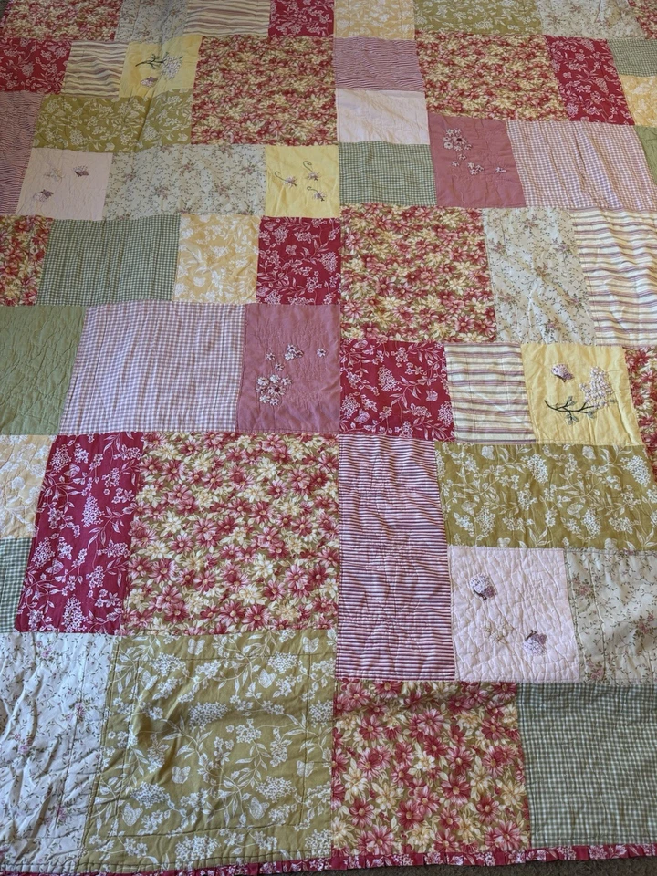 Edredón de retazos hecho a mano rosa verde floral 95x87 gran regalo de Navidad ropa de cama Foto 2 de 4