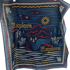 Western Cotton Bandana Handkerchief Explore Square Cactus Mountain Navy Blue