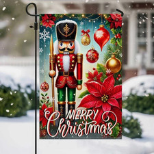 Merry Christmas Nutcracker Poinsettia Flag House Flag - Garden Flag