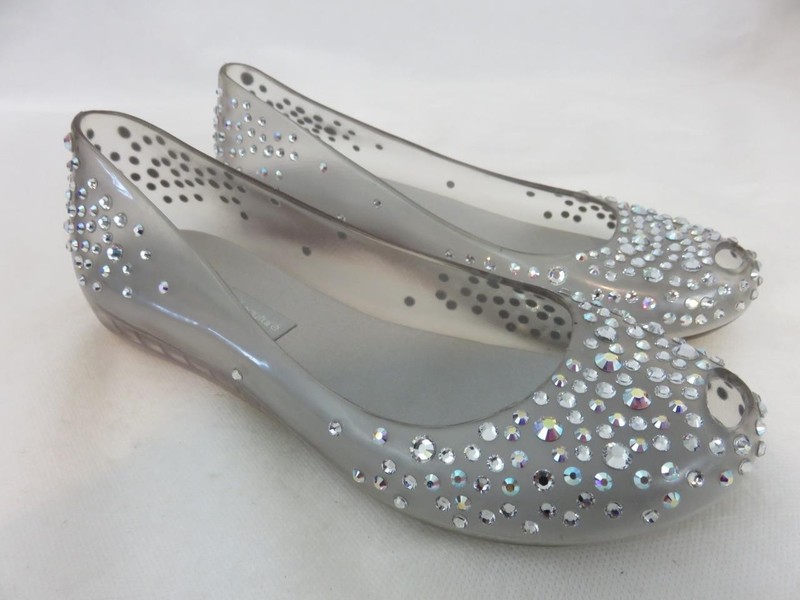 J. Maskrey For Melissa Rubber Swarovski Crystal Clear Open Toe Jelly Flats SZ 5