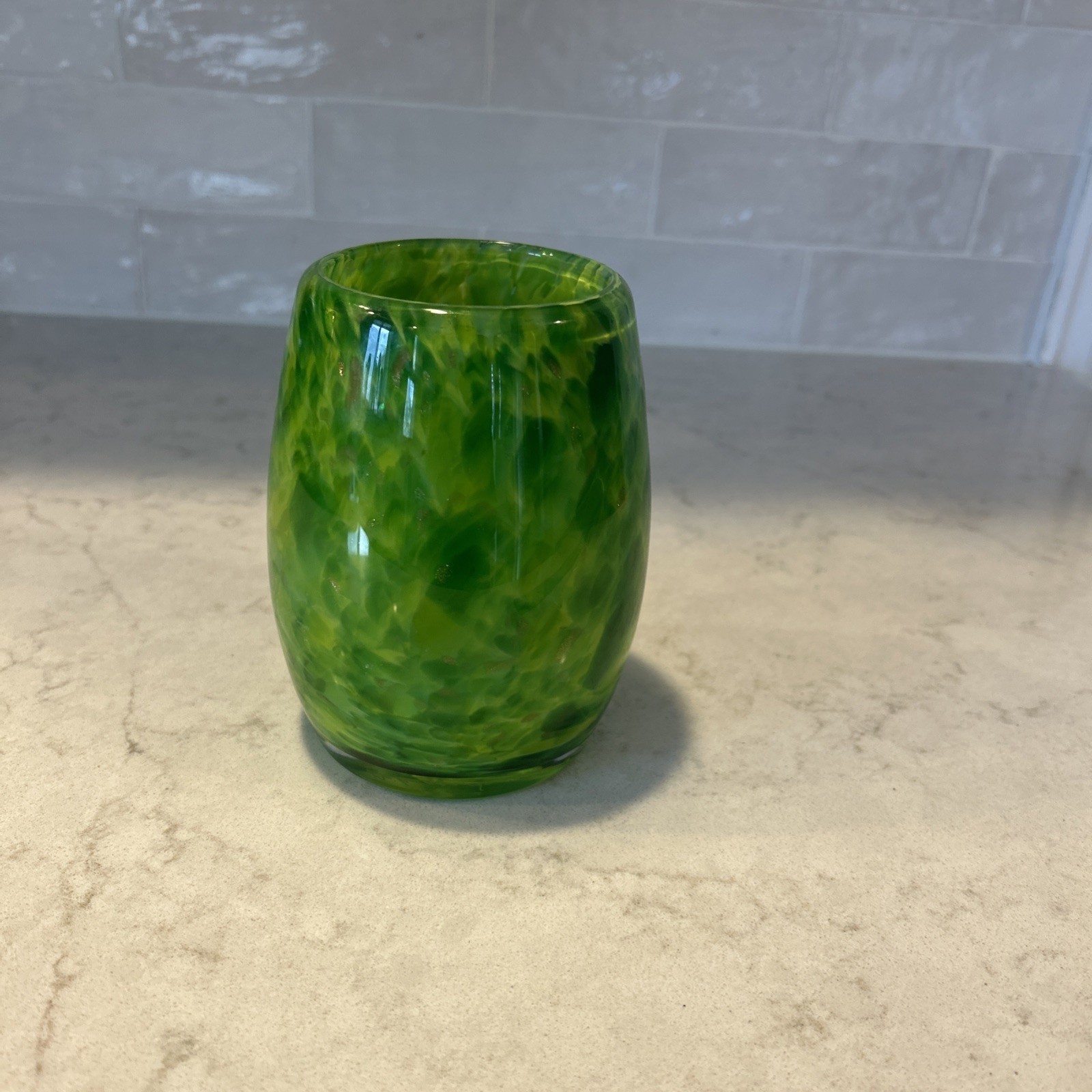 Dehanna Jones 2023 Art Glass Candle Holder “Emerald City” Gold Glitter 5”